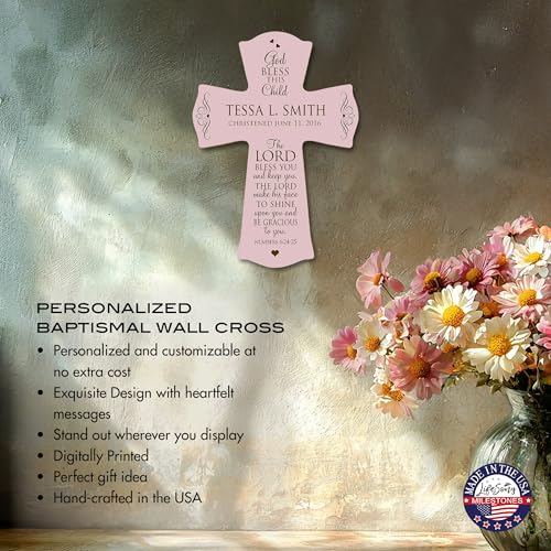 Image of LifeSong Milestones Personalized Baptism 1st Holy Communion Christening Wall Cross Decoration God Bless This Child the Lord Bless You and Keeps You (8.5 inch x 11 inch, Pink)