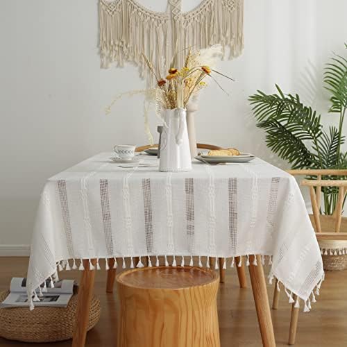 Gernaice Rustic Stripe Embroidered Tablecloth Heavy Square Tassel Cotton Linen Table Cloth Wrinkle Free Washable Table Cover for Kitchen Dinning Party Holiday White 55x55 Inch