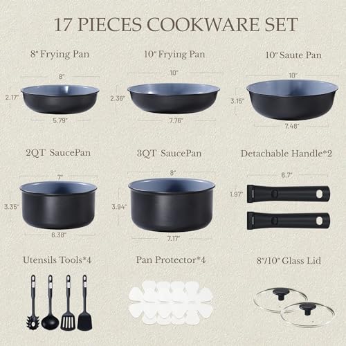 CAROTE 17PCS Ceramic Cookware Sets, Black and Gray, Pots and Pans Set Non Stick Non Toxic, Induction Cookware, Kitchen Cookware Sets, Pots Set for... - Image 2