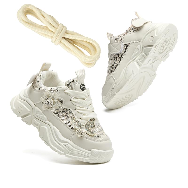 Toddler Gilrs Shoes Sneaker Kids Fashion Crystal Butterfly Tennis Shoes Chunky Platform Casual Walking Shoes Comes with an Extra Pair of Coordinating Shoelaces