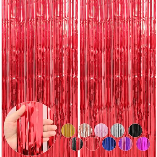 Image of 2 Pack Red Foil Fringe Curtains Streamers Party Decorations 3.3 x 8.2 ft, Tinsel Curtain Fringe Backdrop for Parties, Door Fringe Birthday Streamers, Photo Booth Backdrops, Party Decor