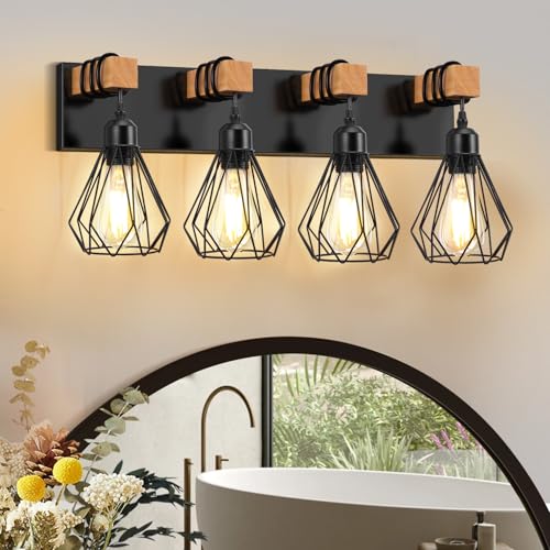IZORRO Farmhouse Bathroom Vanity Light Fixtures, 4-Light Wood Bathroom Light