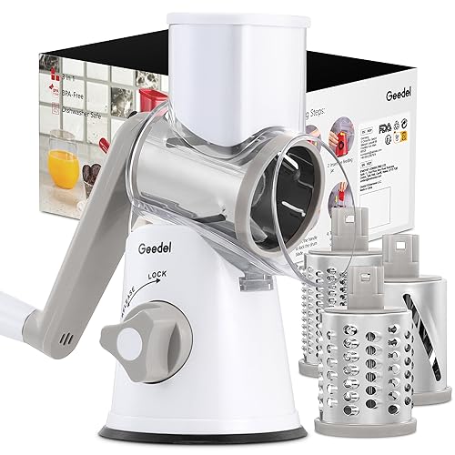 Comparison: Best Cheese Grater Rotary 3 Geedel Rotary Cheese Grater, Kitchen Mandoline Vegetable Slicer with 3 Interchangeable Blades, Easy to Clean Rotary Grater Slicer for Fruit, Vegetables, Nuts