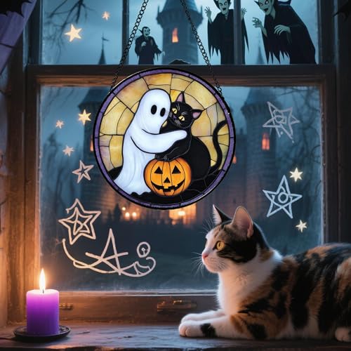 Image of Stained Glass Window Hanging - Halloween Decorations Cute White Ghost Black Cat Suncatcher for Doors Garden Spooky Sun Catchers Gothic Decor Horror Gifts for Women Men Friend Boy 15 in
