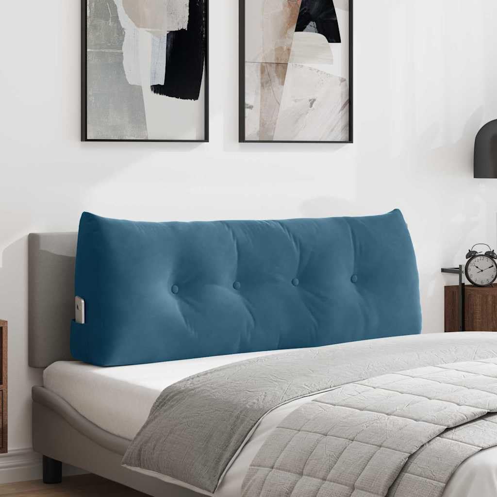Rückenkissen 120 x 24 x 50 cm, Lesekissen aus Samt in Blau mit Seitentasche, ergonomisches Stützkissen für Bett und Sofa, Sofakissen mit abnehmbarem Bezug, Dekokissen für Entspannung
