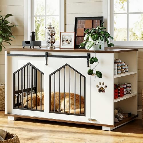 IRONCK Large Dog Crate Furniture with 2 Rotatable Dog Bowls, Wood...