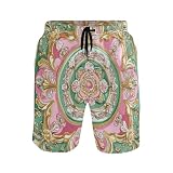 Amooorous Middle Eastern Style Flora Pink and Green Plus Size Men Swimming Shorts Casual Beach Shorts for Men 8”/ 9” Long Drifting XXL