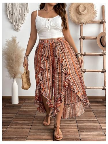 OYOANGLE Women's Plus Size Boho Print Ruffle Trim Cropped Pants Slit Wide Leg High Waist Casual Trousers4