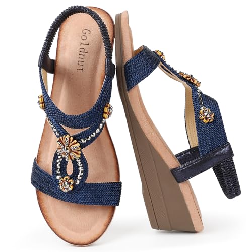 Image of Wedge Sandals for Women Dressy, Woman's Sandal Comfortable Low Wedges Heels Ankle Elastic Strap Sandles with Flower Rhinestones