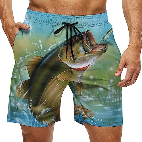 Bass Fishing Mens Swim Trunks Quick Dry Beach Shorts Casual Sports Board Shorts Swimwear with Pocket
