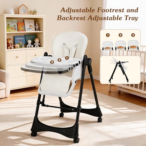 Image of 3-in-1 Baby High Chair | Convertible Baby High Chair for Babies and Toddlers | Brake Wheels, Easy Clean, Space Saving | Adjustable, Removable Tray (Black White)