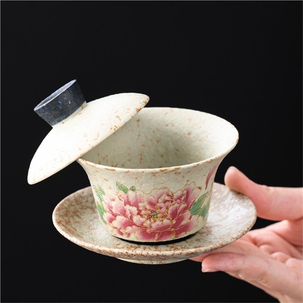 Huoshi‑Red Ceramic Gaiwan Tea Cup,Sancai Gaiwan with Lid and Saucer