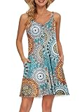AUSELILY Damen Kleider Sommer Spaghettiträger Knielang Strandkleider Kurz V Ausschnitt Kleid Leicht Mit Taschen Sommerkleid Für Frauen(Grün Drucken,Medium)