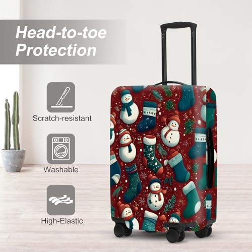 Image of Christmas Luggage Cover - Allover Green Socks and White Snowmen Pattern on Dark Background, Stretchable Suitcase Protector for 18 20 22 Inch Travel Bags