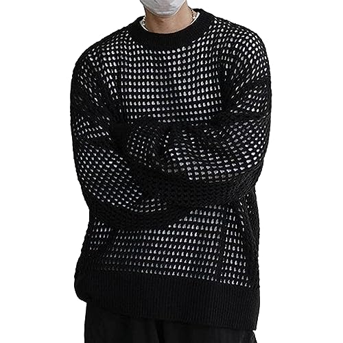 Men's Fall Loose Sweater Solid Color Hollow Out Round-Neck Long Sleeve Sweaters Spring Fall Knitwear Jumper Tops2