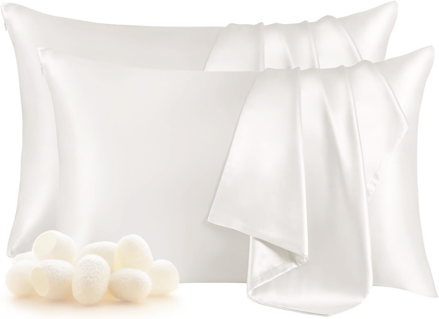 THXSILK Set of 2 100% Silk Pillowcase for Hair and Skin, Both Sides Grade 6A+ Mulberry Silk Pillow Case with Hidden Zipper, Soft and Smooth White Pillowcase, Queen Size 20"x30"