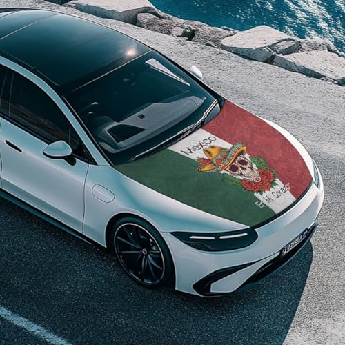 Image of Renewold Mexico Flag Skull Rose Car Hood Cover Hood Covers for Cars Decorative Wrap Blanket Women Men Automotive Exterior Accessories for Most Sedan Small SUV Truck Easy Install