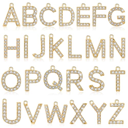 26 Stück Strass Buchstabenanhänger mit Buchstaben von A bis Z 18 Karat Gold Anfangsbuchstaben-Anhänger zur Schmuckherstellung Trendige Glitzer Kristall-Buchstabenperlen für Armbänder Halsketten (G)