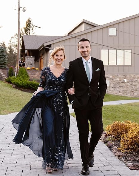 Mother of The Bride Dresses for Wedding Formal Evening Gowns 3/4 Sleeve V Neck Long Chiffon Wedding Guest Dress4