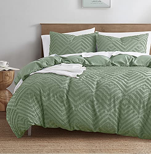 Image of Nestl Boho Duvet Cover Set - Textured Queen Bedding, 3 Piece Tufted Green Duvet Cover w /Zipper Closure, 90x90 Inch & 2 Pillow Shams