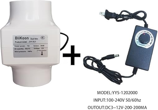 Inline Duct Fan 3 Inch Ventilation Exhaust Booster Variable Powerful 32 Cfm Quiet Fan Filter Duct Kit 7W 12V Extractor Blower for Grow Tent
