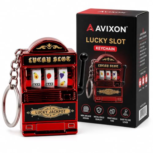 Image of Mini Arcade Slot Machine Keychain with Fruit Reel Display, Retro Novelty Key Ring and Bag Charm for Keys, Backpacks, Party Favors, Collectors and Festival Gifting