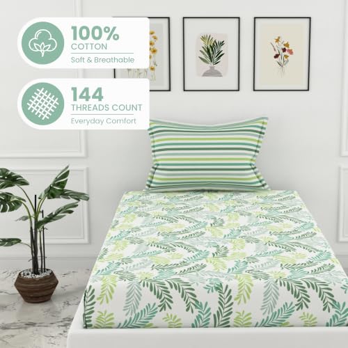 Image of LORETO - A QUALITY LINEN BRAND 144 TC 100% Pure Cotton Single Fitted Bedsheet with 1 Pillow Cover for 72 x 36 Inch Mattress, All-Around Elastic, 8 Inch Deep Pocket, Green Leafy Haven