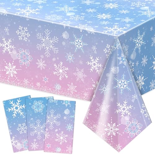 Image of Labeol 3 Pack Christmas Tablecloth, 108 x 54 inch Blue and Purple Snowflake Tablecloth, Disposable Plastic Waterproof Rectangle Table Cover for Christmas Decorations Party Supplies