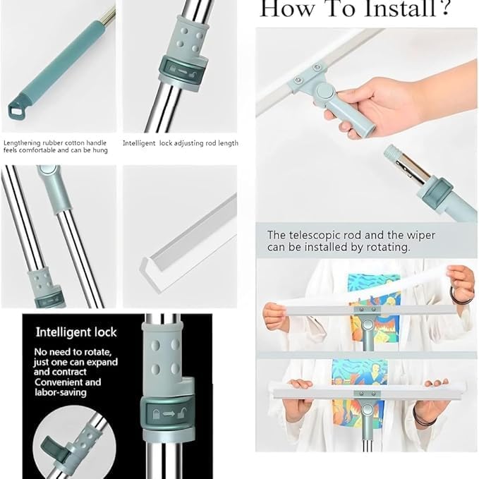 Image of Floor Squeegee Hair Scraper with 180 Rotating Head & Telescopic Handle | Magic Broom Floor Cleaner for Hair, Dust & Water Rubber Blade Floor Wiper for Bathroom, Kitchen Tile, Marble Pet Hair Cleaning