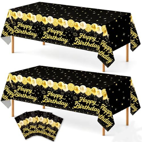Image of 4 Pack Black and Gold Happy Birthday Tablecloths, 54 x 108 Inch Covers | Black and Gold Birthday Party Decorations for Men, Women and Teens, Ideal for Cake, Dessert, Gift and Buffet Tables