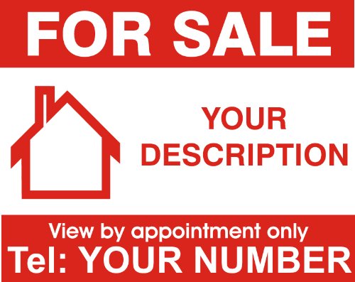 Preisvergleich Produktbild Immobilien-Schild For Sale (englischsprachig), einseitig bedruckt, personalisierbar, 1 Stück