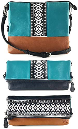 K&Bo Women's Cross Body Bag and Clutch with Boho Style Embroidery, Teal/Black/Brown