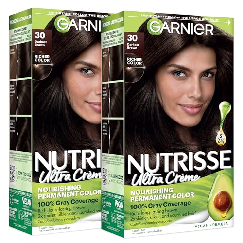Garnier Nutrisse Ultra Crème Hair Color, Permanent Hair Dye with 100% Gray Coverage, Vegan & Cruelty-Free, 30 Darkest Brown (Sweet Cola), 2 Count