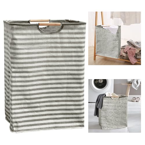 ADERTOS Cesto para Ropa Sucia, 55 * 40 * 25cm Cesto Ropa Plegable, Bolsa Ropa Sucia Portátil con Mango de Madera, Cesto Gran, Cesta de Almacenamiento para Dormitorios, Salas Estar (Negro y Blanco)