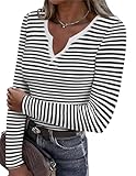 Zeagoo Womens Long Sleeve Tops Stripe V-Neck Shirts Casual Ribbed Knit Slim Fit Basic Tee,Black+White,M
