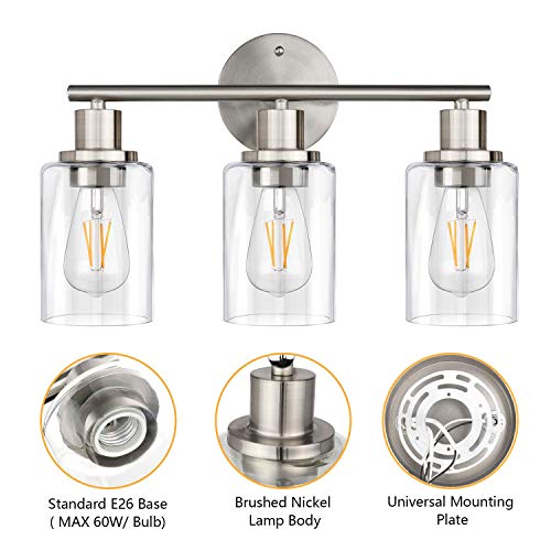 Wall Vanity Light Fixture, 3-Light Wall Sconce Lighting Brushed Nickel, Modern Bathroom Lights with Clear Glass Shade, Vintage Wall Lamp for Mirror Kitchen Living Room Workshop, E26 Base
