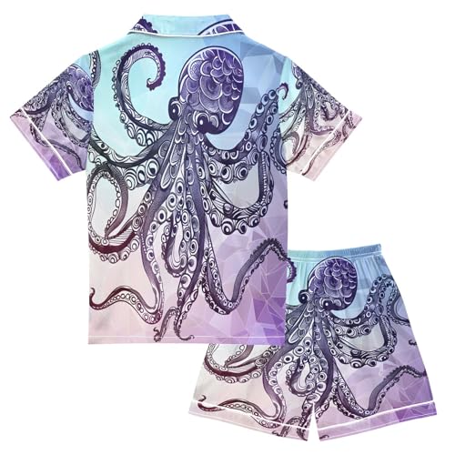 ALAZA Abtract Octopus Satin Pajamas Set Short Sleeve Button Down Sleepwear Summer Pjs 2 Piece2