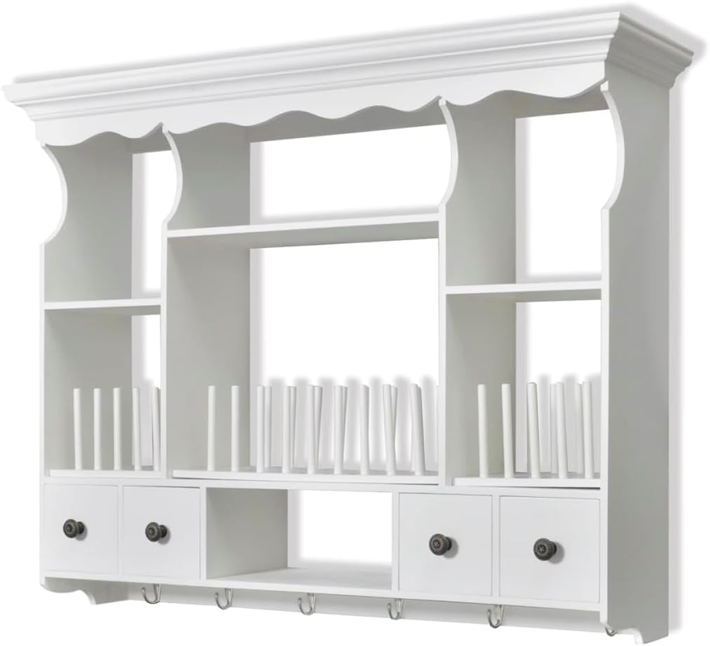 vidaXL Premium Wooden Kitchen Wall Cabinet - Multi-purpose Storage - Vintage White - Spacious Drawers and Shelves - Solid Wood Frame, Iron Handles