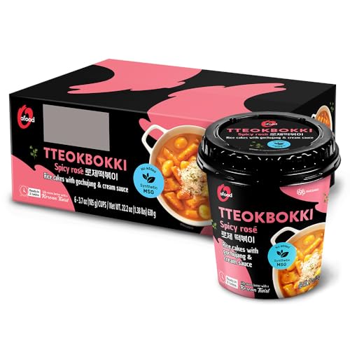 O’food Cup Tteokbokki Korean Instant Rice Cakes – [Rose/Spicy Carbonara | Pack of 6] – Spicy Street Food Snack, Gluten-Free, Chewy, Quick & Easy Meal