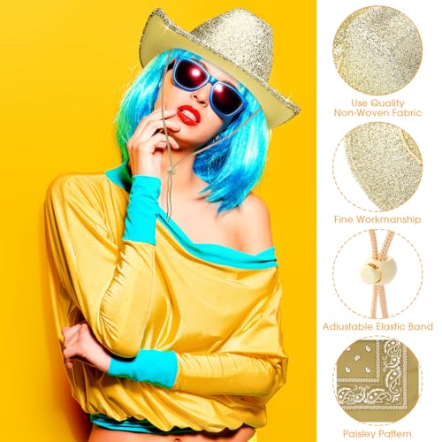 Image of Coume 12 Pcs Sparkly Adults Cowboy Hat and Bandanas Women Men Western Glitter Cowgirl Party Hats with Adjustable Drawstring