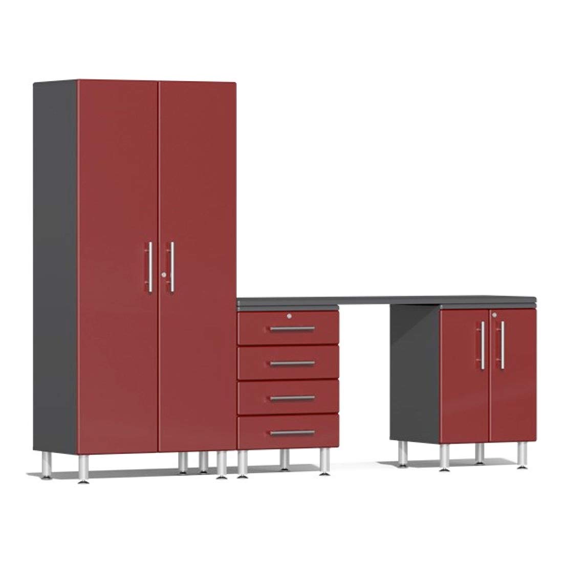 Ulti-Mate UG25041R 4-Piece Garage Cabinet Kit with Channeled Worktop in Ruby Red Metallic,Grey