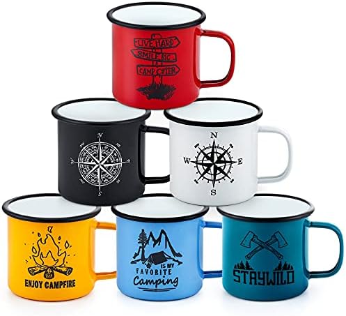 Enamel Coffee Camping Mug Set of 6, Joyfair 16oz Personalised Enamel Travel Tea Drinking Tin Mugs Cups, Red/Green/Blue/White/Black/Yellow, Ideal for Home/Office/Hiking/Gift, Reusable & Portable, 450ml