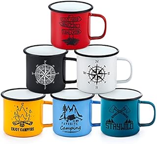 Enamel Coffee Camping Mug Set of 6, Joyfair 16oz Personalised Enamel Travel Tea Drinking Tin Mugs Cups, Red/Green/Blue/White/Black/Yellow, Ideal for Home/Office/Hiking/Gift, Reusable & Portable, 450ml