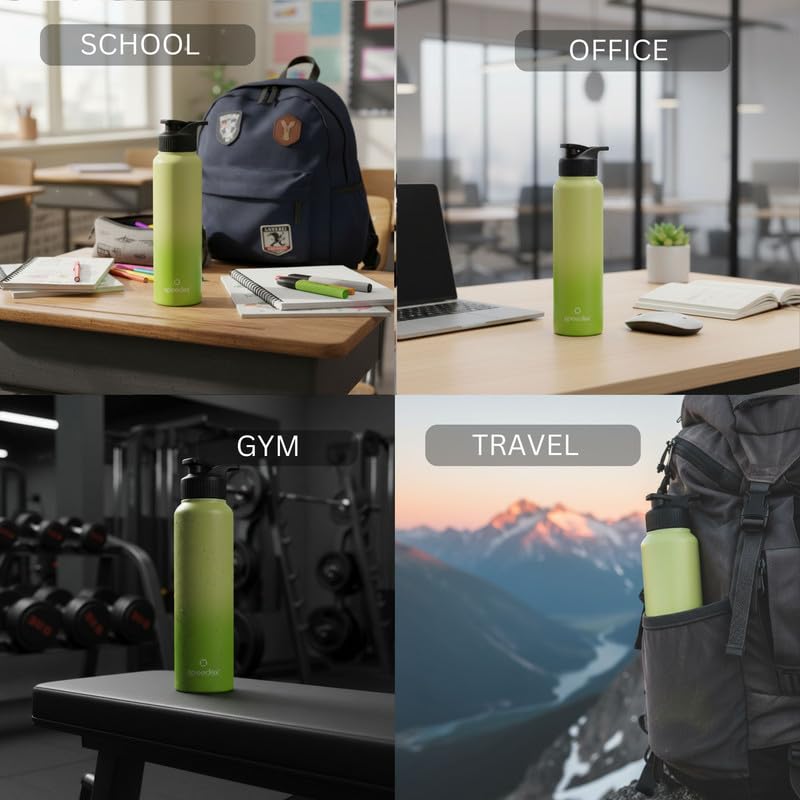 Image of Speedex Stainless Steel Metal Water Bottle 1 Ltr 1000 ml, BIS Approved, Leak Proof Sipper Cap Bottle for Office, School, Gym, Travel, Daily Use for Men, Women, Kids, Adults, Lime Green, Set of 2