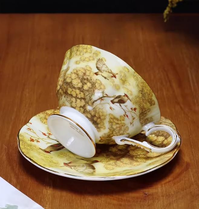 セラミックコーヒーティーカップとソーサーセット イエローマグパイバード 陶器コーヒーマグとソーサーセット ミルクジュースマグプレート