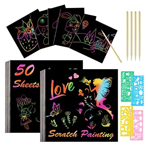 Vicloon Rainbow Scratch Art, 50 notas mágicas negras, pizarras de pintura, artes y manualidades para niños, 4 plantillas, 5 lápices de madera, regalos de cumpleaños y fiestas