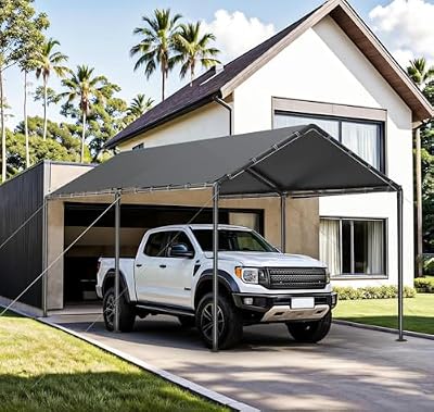 Carport, 10x20ft Heavy Duty Portable Garage, Car Port with Storage Shed, Car Canopy Car Tent with Steel Frame All-Season Tarp for Car, Truck, Boat, Party (B-Gray)