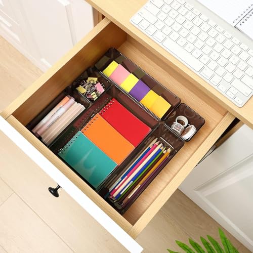 Image of Kienlix Desk Drawer Organizers Trays Set Clear Plastic Storage Bins Bathroom Drawer Tray Dividers Vanity Trays Organizer for Bedroom Dresser Makeup Kitchen Utensil Office (16pc Set (Black))