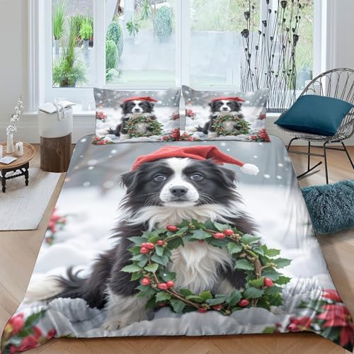 Parure de lit chiens de Noël 260x220 cm avec housse de couette en microfibre