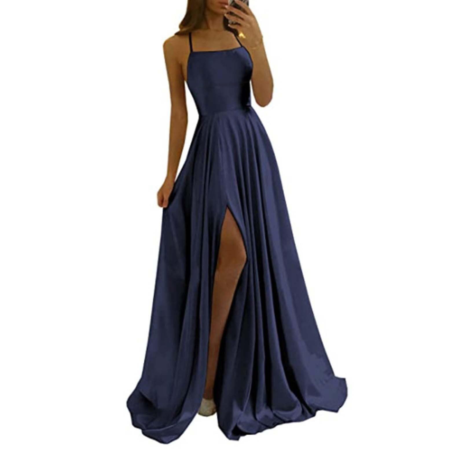 Abendkleid Lang Mit Schlitz Damen| Brautjungfernkleider Lang Frauen- Rückenfreies Kleid Spaghettiträger-Kleid Sexy Rückenausschnitt Hochzeitsgast Kleid Brautkleid Elegant für Hochzeit